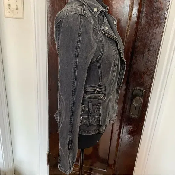SPRING Free people black denim wash moto zip jacket size 2 goth industrial - Picture 6 of 10